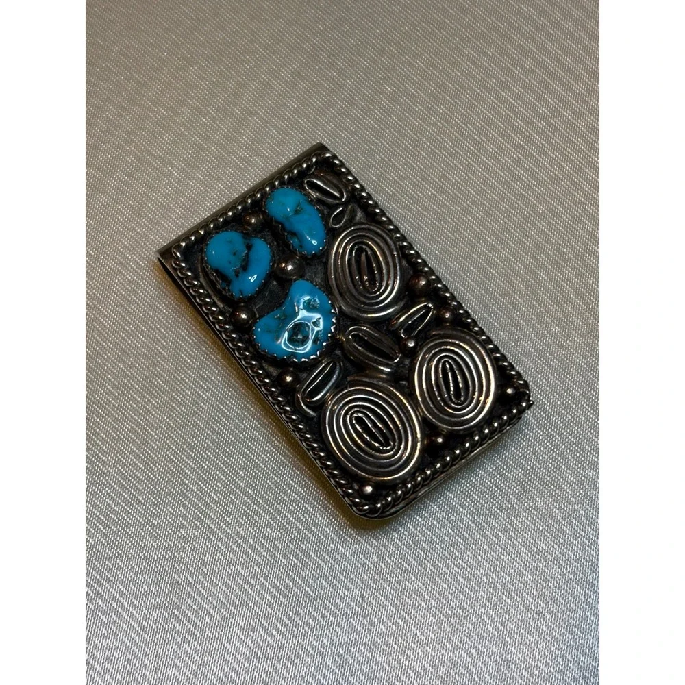 Vintage Southwestern Turquoise Sterling Silver Wirework Spiral Money Clip Mens